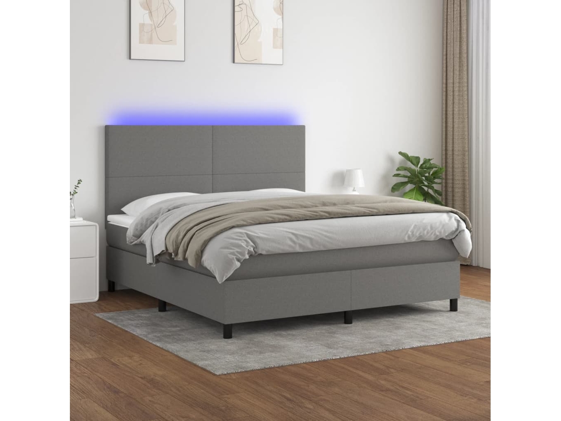 Vidaxl Cama Box Spring C/ Colchão E Led 180x200 Cm Tecido Cinza-escuro