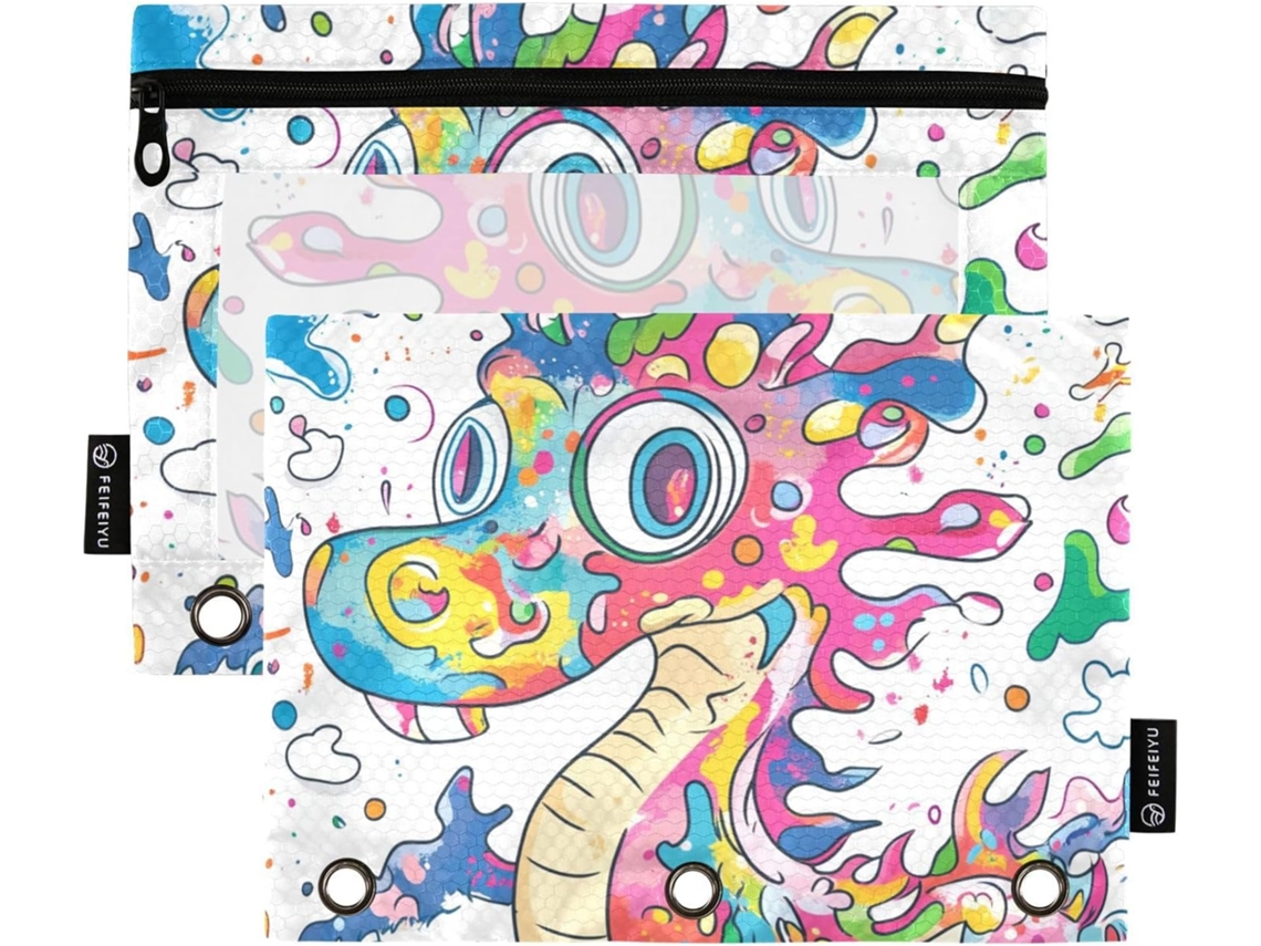 Pasta Colorida Com Desenho De Dragão, Janela Transparente, Ilhós E 3 Compartimentos Lápis, Ideal Material