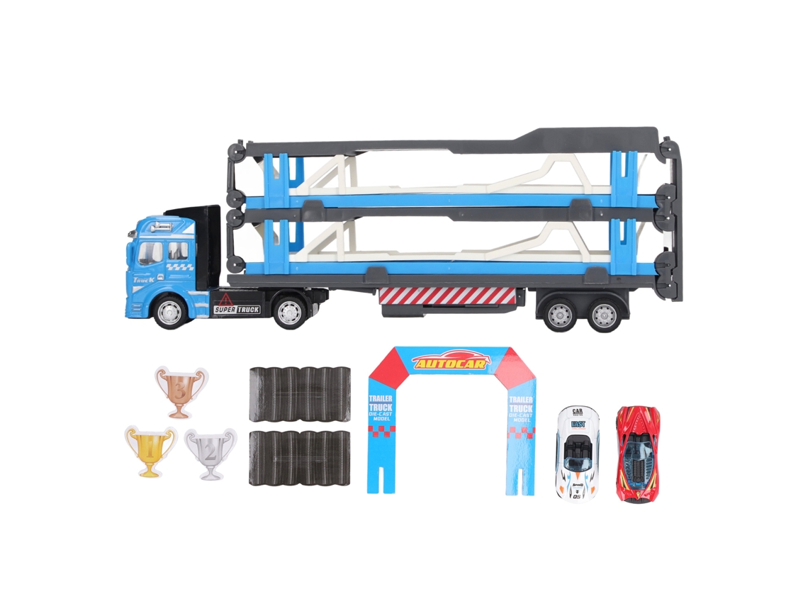 Caminhão transportador de liga metálica Mega Hauler com pista de corrida ejetável para crianças, 150 cm (59,1 polegadas), azul