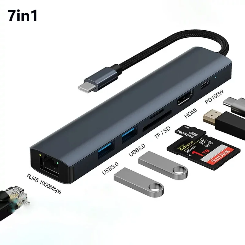 Hub Multiportas (7 Em 1), Adaptador Ethernet Usb, 1000 Mbps, Usb 3.0, Rj45, Para Laptops E Pcs