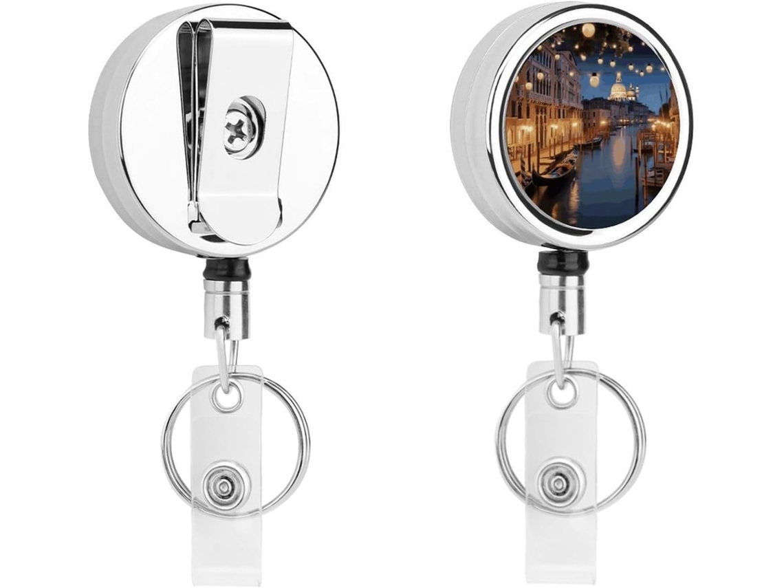 Porta Crachá Retrátil Com Clipe Cinto E Chaveiro De Metal, Com Estampa Da Bela Veneza À Noite Resistente E Ideal