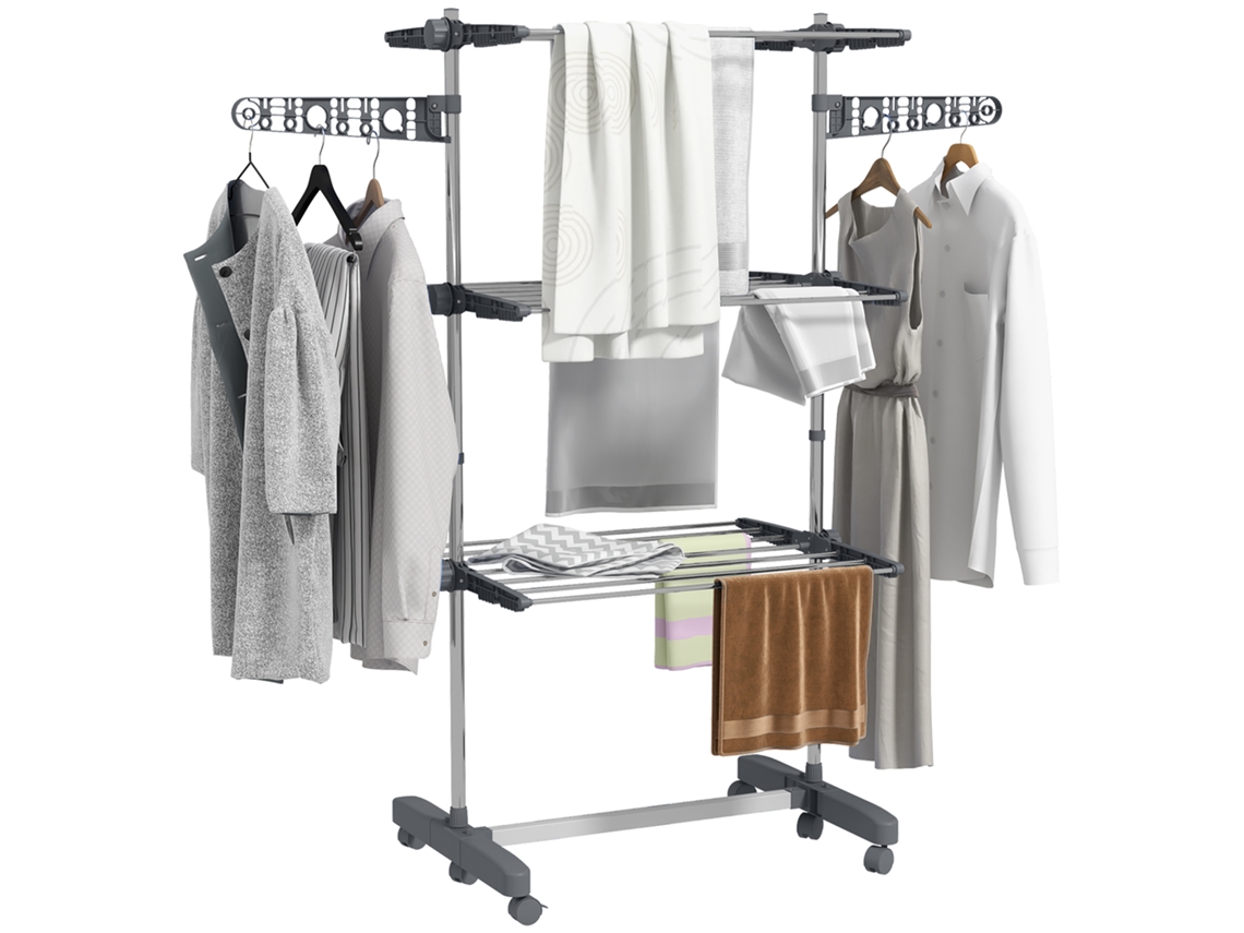 Three-shelf Collapsing Clothes Horse, With Side Arms And Wheels - Grey