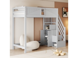 Cama Alta Infantil Madeira 90x200 Mm Porta Janela Escada Dobrável Cinza