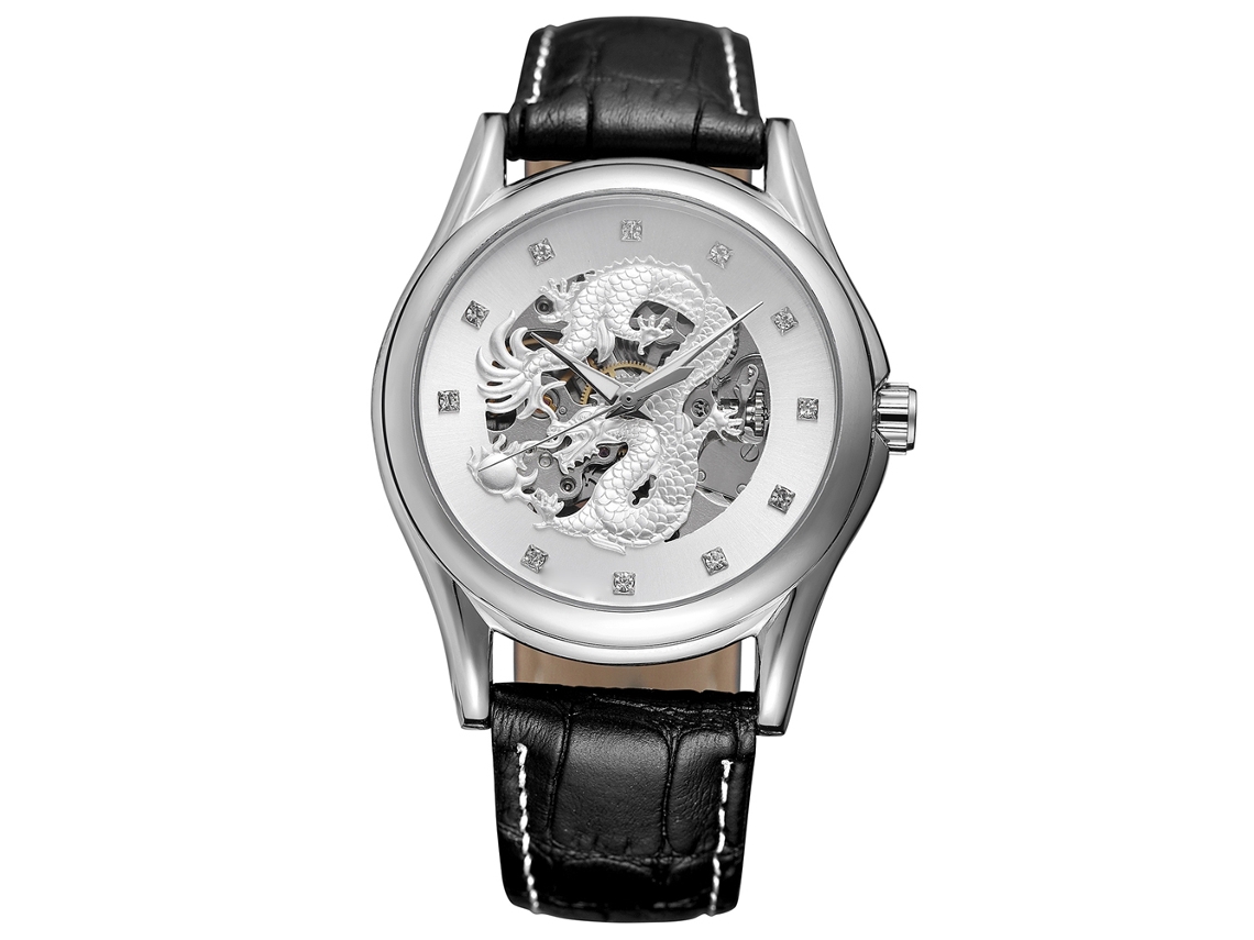 Relógio mecânico masculino Forsining, resistente à água, com mostrador prateado e pulseira preta.