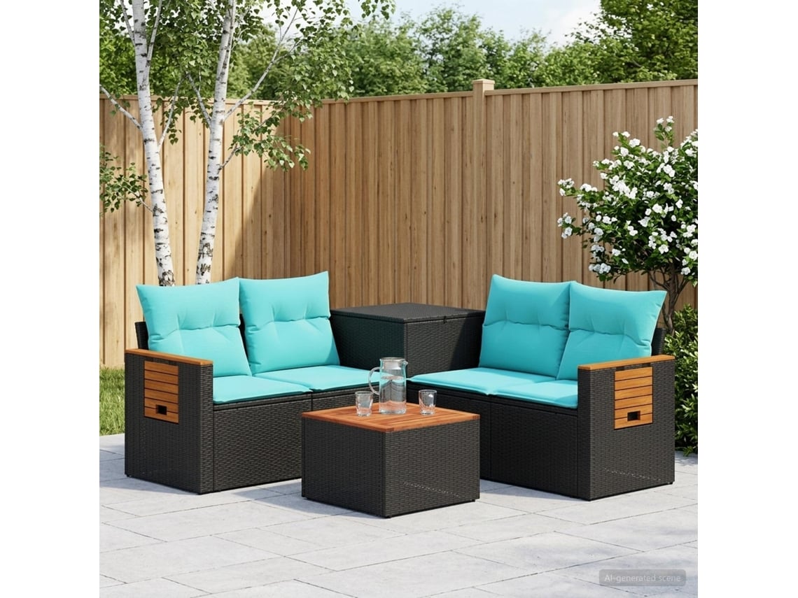 Vidaxl Conjunto De Sofás 6 Unid. Preto E Azul Rattan Poliéster E Aço