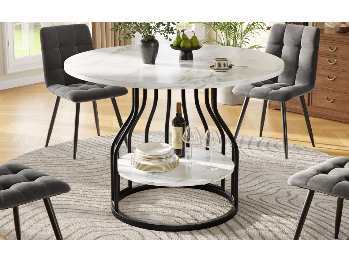Mesa Redonda 80×80×76cm Tampo Marmorizado Mdf Pequeno Tampo Central Com Arrumação Pés Pretos
