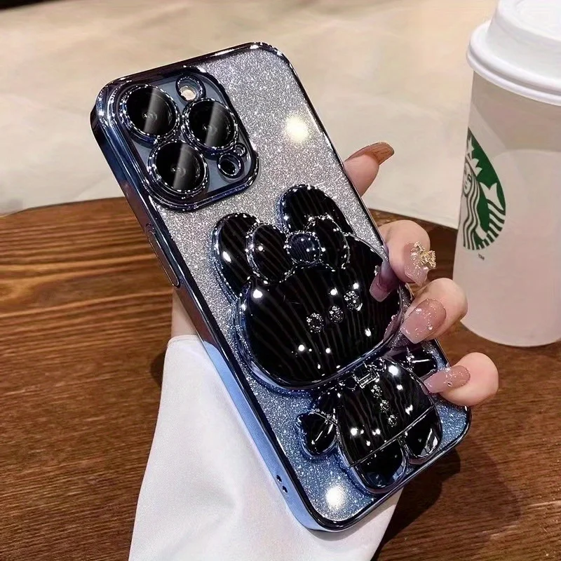 Capa Para Celular Com Espelho De Coelho Eletroplateado Em Degradê (para Iphone 14 Pro Max Azul), Com Suporte, Em Tpu Macio.