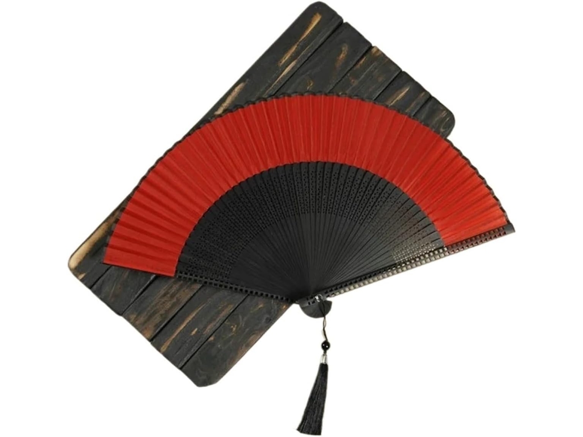 Leque dobrável esculpido, para casamento, acessório perfumado para festas, de madeira, oco, estilo vintage (vermelho)