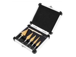 Conjunto de 6 brocas escalonadas de aço rápido para perfuração em metal e madeira com estojo de alumínio e ponta central.