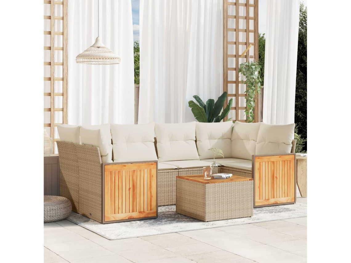 Vidaxl 7 Pcs Conjunto De Sofás P/ Jardim Com Almofadões Vime Pe Bege