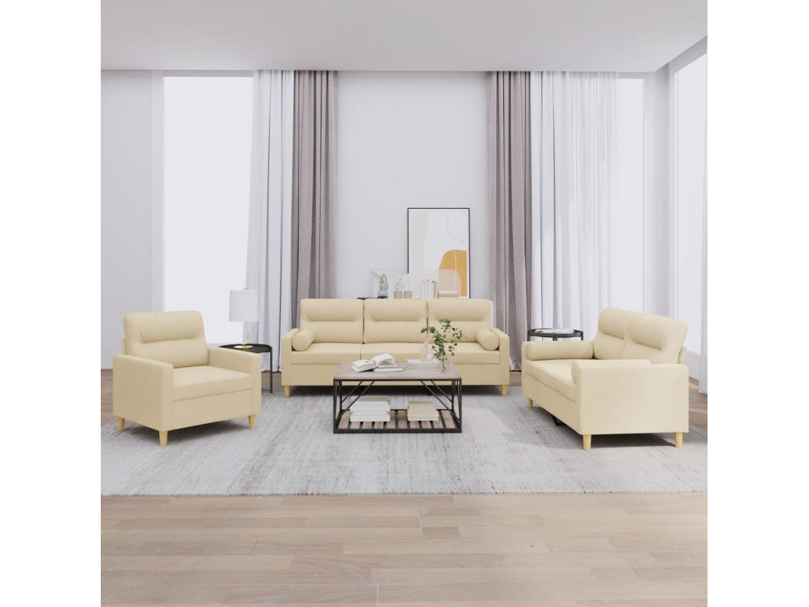 Vidaxl 3 Pcs Conjunto De Sofás Com Almofadas Tecido Cor Creme