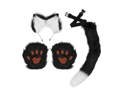 Conjunto de orelhas, patas e cauda em pele sintética de alta densidade para cosplay, carnaval, festa, preto e branco.