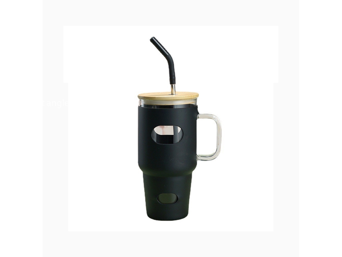 Garrafa água vidro 946 ml (32 oz) com tampa e palhinha. Alça, copo e capa de silicone incluídos.