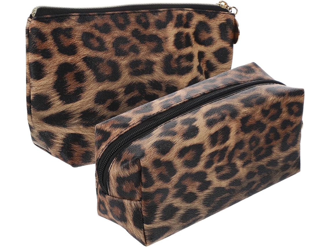 Conjunto De 2 Nécessaires De Maquiagem Com Estampa De Leopardo, Em Couro Pu Macio, Com Zíper Seguro.