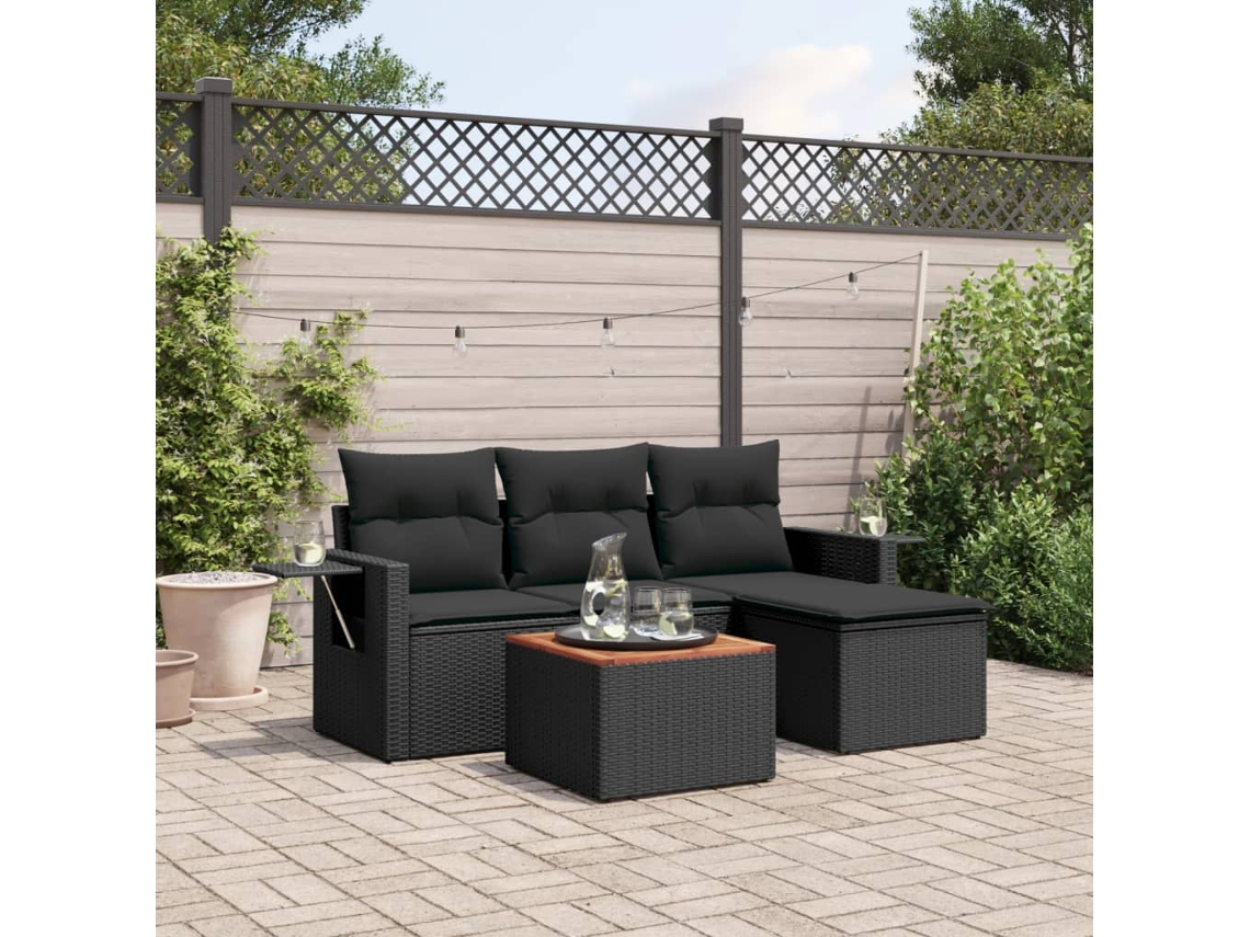 Vidaxl 5 Pcs Conjunto Sofás De Jardim Com Almofadões Vime Pe Preto