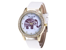 Relógio feminino de quartzo com pulseira de couro PU e estampa de elefante com pedras brancas Zhoulianfa