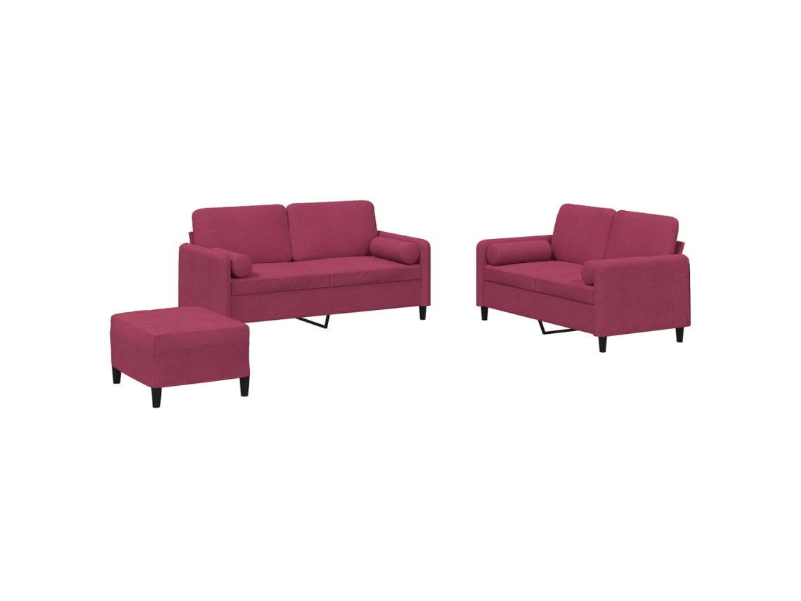 Conjunto 3 de sofás com almofadas VIDAXL veludo vermelho-tinto