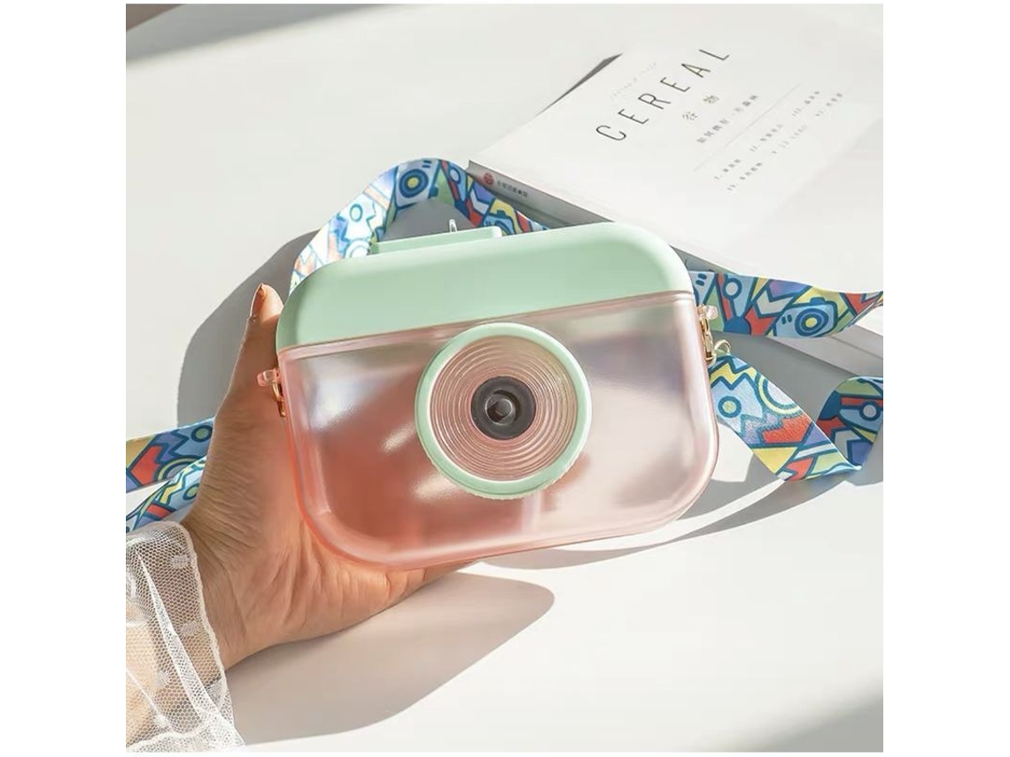 Garrafa de água infantil Rebe, 400ml, formato de câmera, com cordão, rosa