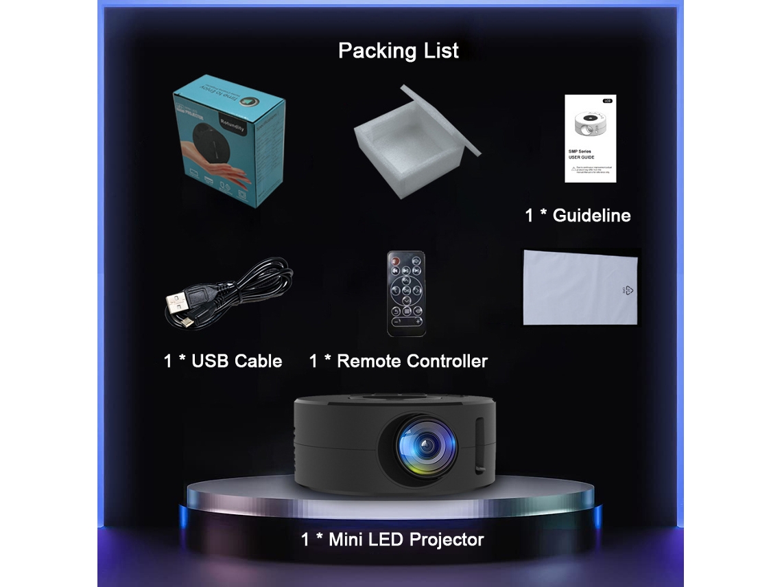Mini Projetor LED Portátil com Projeção de 14 a 100 Polegadas, Resolução 320*180 LCD, Espelhamento com Fio, Lente Óptica | S/MARCA