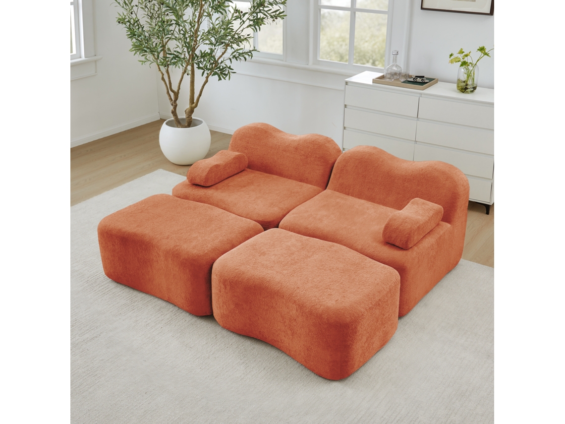 Sofá Modular 2 Lugares Laranja Com 2 Pufes E Espuma 32d Antiderrapante