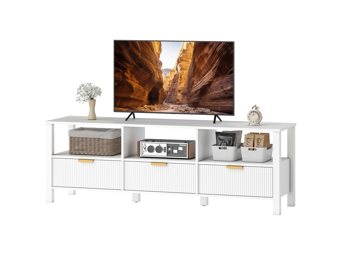 Suporte Tv De 152cm Até 65 Polegadas Com 3 Gavetas E 3 Prateleiras Abertas, 152x39,5x50cm, Branco