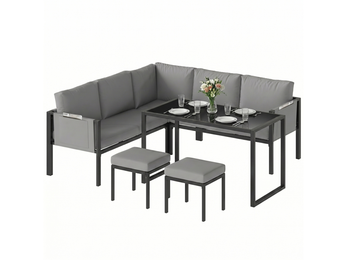 Conjunto De Jardim Exterior Modular Para 6 Pessoas, Mesa Baixa E Bandejas Laterais Em Madeira Pspc, Almofadas Espessas De 10 Cm, Cinza