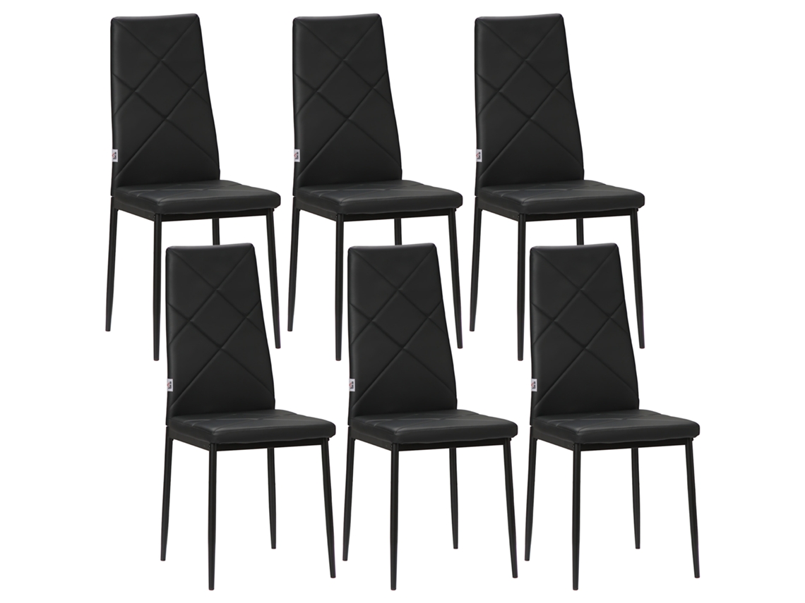 Conjunto de 6 Cadeiras Modernas de Encosto Alto em Couro Sintético e Aço. 41x50x97 Cm. Preto Ge