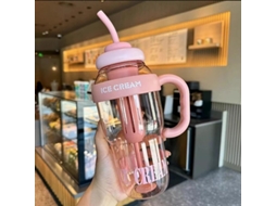 Copo De Plástico Rosa De Verão Com Fita Da Sorte E Canudo, Estilo Desenho Animado Fofo.