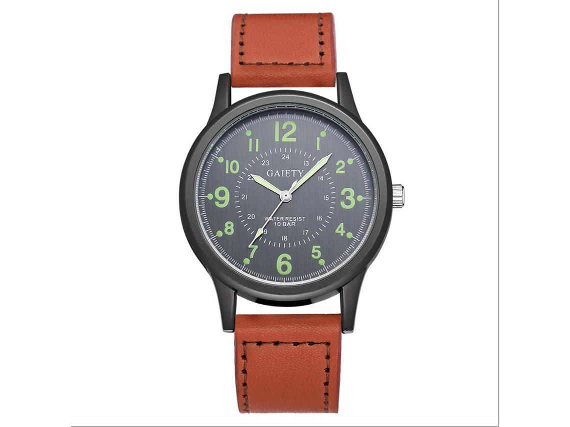 Relógio masculino Gaiety, analógico, de quartzo, com pulseira de PU e mostrador redondo em liga metálica preta.