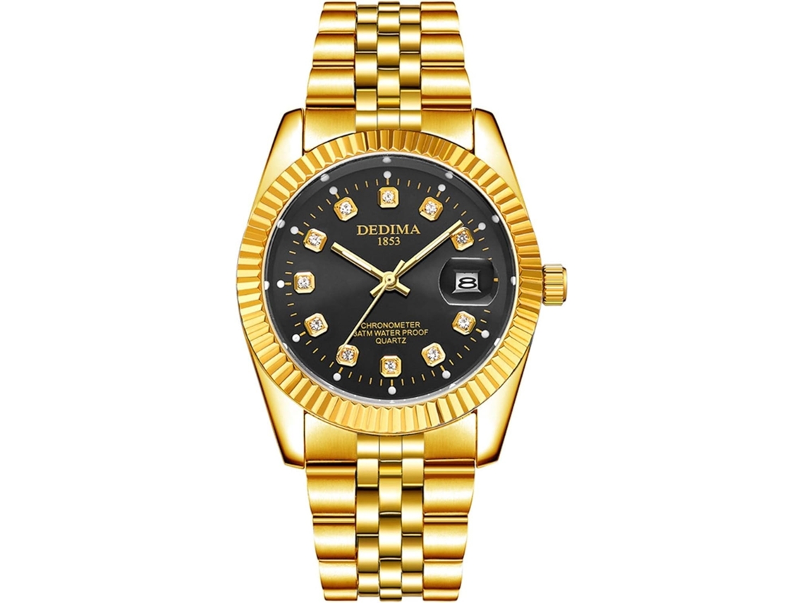 Lurelia Relógio Masculino, Movimento De Quartzo, Analógico, Data/calendário, Detalhes Com Strass, Aço Inoxidável, Dourado E Preto