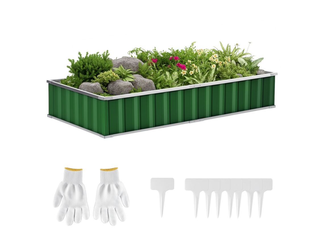 Canteiro Modular Elevado para Jardim, Montagem Sem Ferramentas, Luvas Incluídas, 174 X 90 X 30 Cm, Aço Galvanizado Verde. CHEZMOI