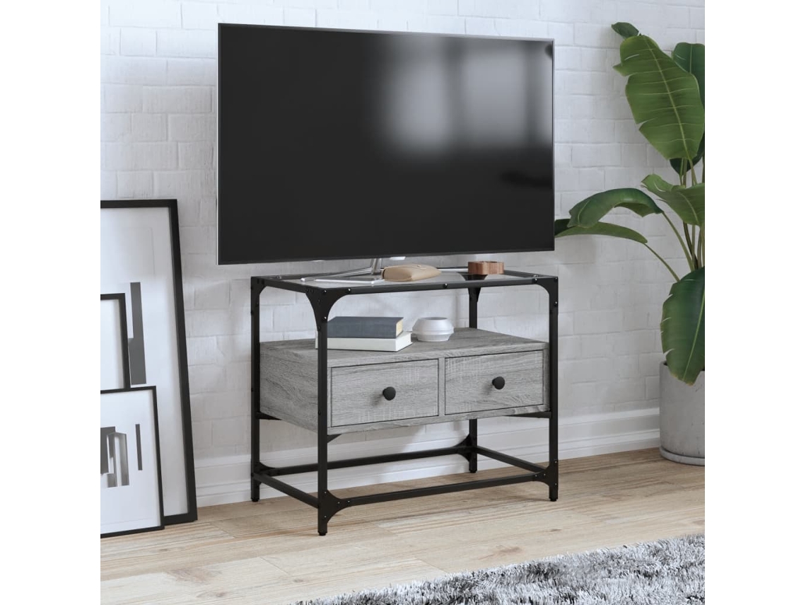 Vidaxl Móvel De Tv C/ Tampo De Vidro Derivados Madeira Cinzento Sonoma