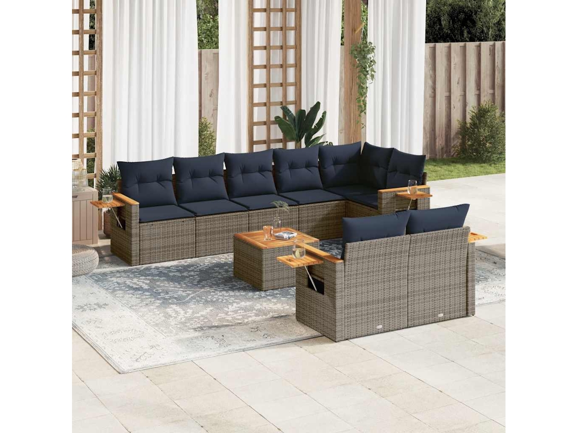 Vidaxl 9 Pcs Conjunto Sofás P/ Jardim C/ Almofadões Vime Pe Cinzento