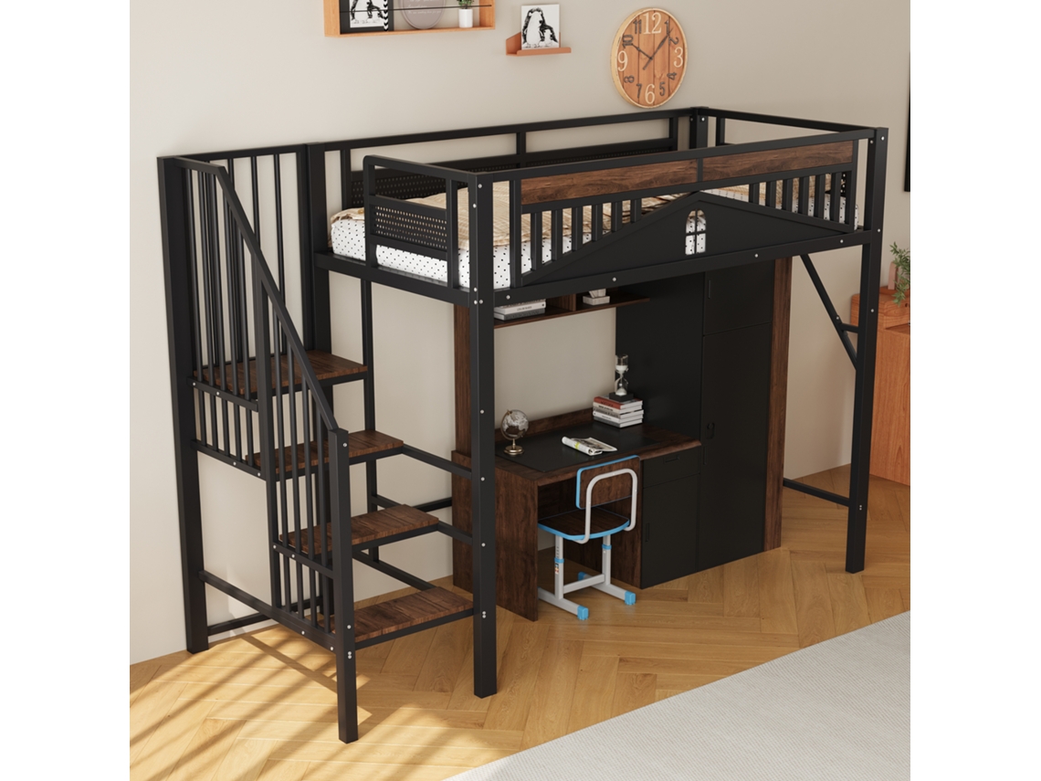 Cama Alta 90x200 Metal Janela Grades Preta Armazenamento