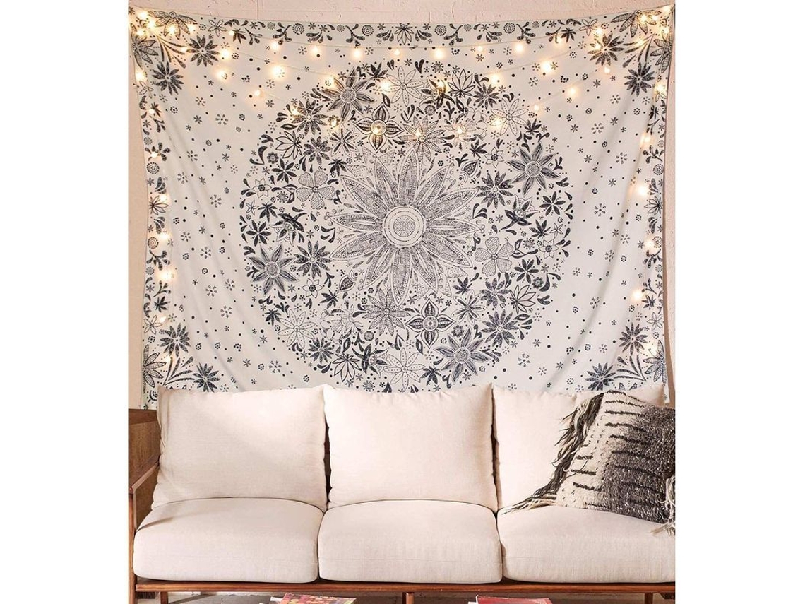 Manta De Parede Bohemia, Manta Floral Bege E Branca Com Medalhão De Margaridas Pontilhadas 60x80 Polegadas