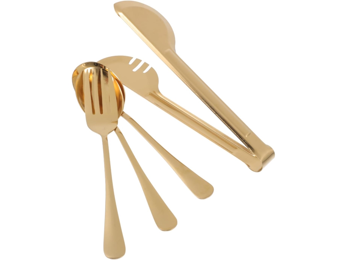 De Talheres De Aço Inoxidável De 4 Peças Com Pinça Para Servir, Colher E Garfo, Cor Dourada, Gokoco