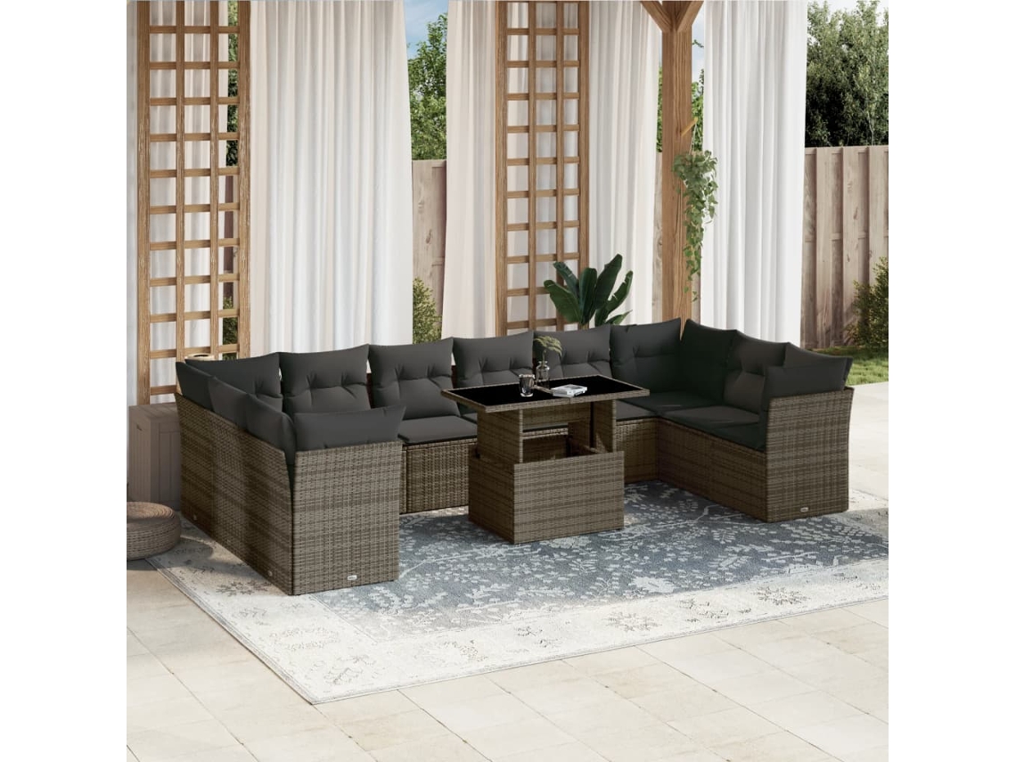 Vidaxl 11 Pcs Conjunto Sofás De Jardim C/ Almofadões Vime Pe Cinzento