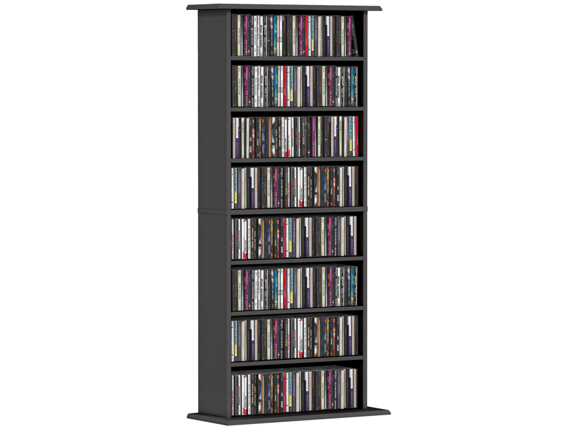 Organizador de Cds e Dvds com 8 Compartimentos e 6 Prateleiras Ajustáveis, Capacidade Máxima de 360 Cds/185 Dvds e Blu rays, Preto. CHEZMOI