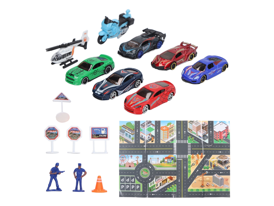 Primerox conjunto de 8 Carros de Fundição em Liga com Sinalizações e Mapa para Crianças