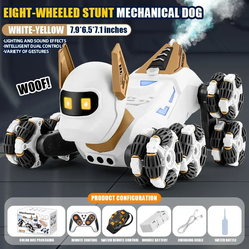 Cão Acrobata Controlado Remotamente, Robô Mecânico de Oito Rodas com Controle Remoto Sem Fio 2.4g, com Luzes e Música. MDUG (amarelo)