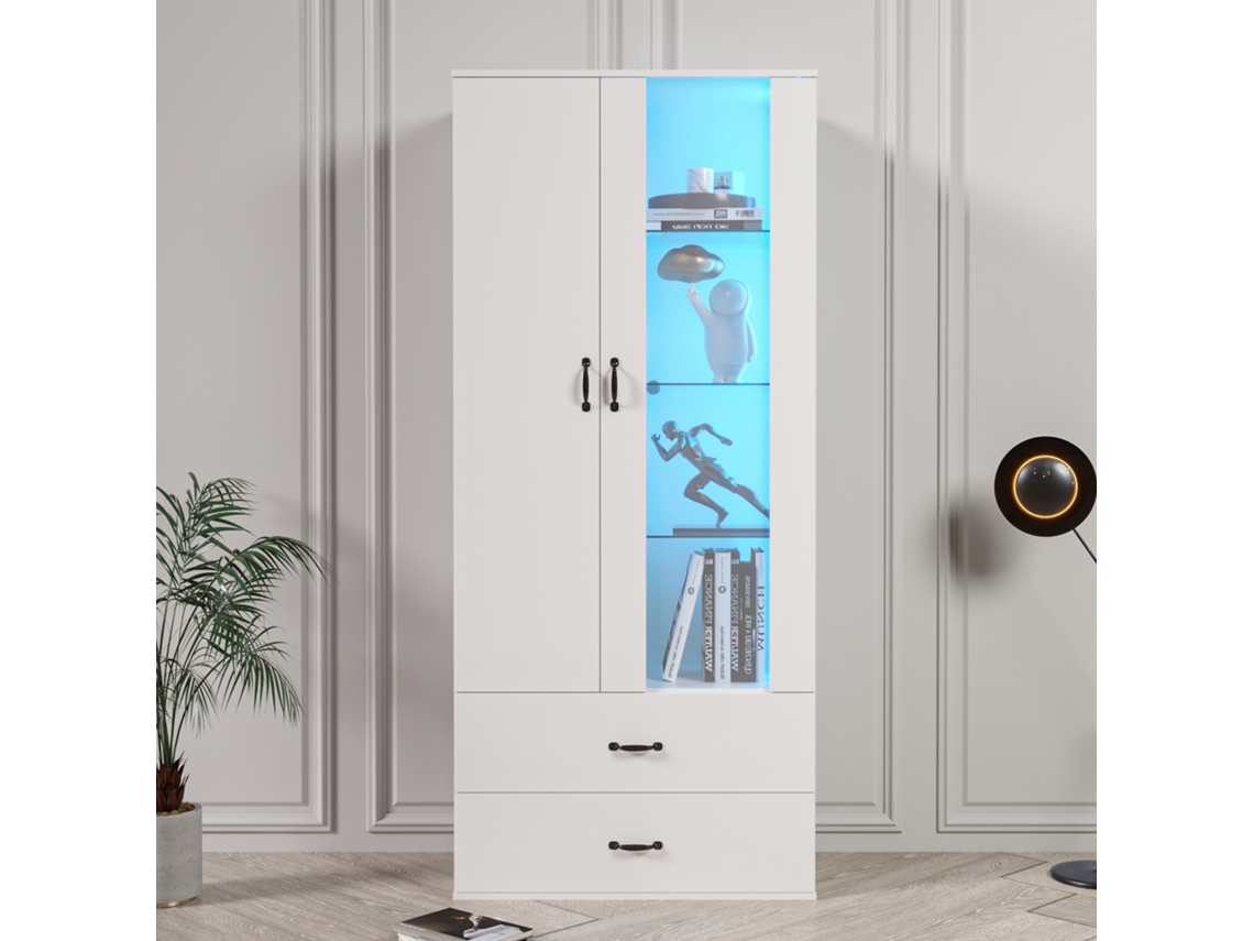 Vitrine com 2 portas e 2 gavetas e LED, altura 180 cm, estilo branco