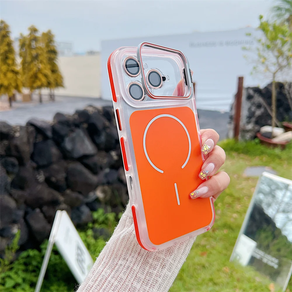 Capa Magnética Transparente Magsafe Para Iphone (iphone 17 Pro Max, Laranja) Com Protetor De Lente.
