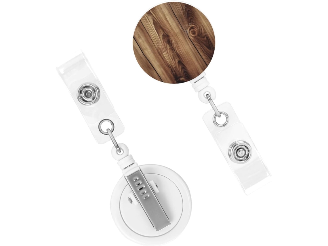 Suporte retrátil para crachá, bobinas de identificação resistentes, suporte para crachá com acabamento em madeira e clipes de metal.