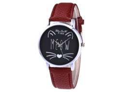 Reloj De Pulsera Unisex De Cuarzo Con Correa De Cuero Patrón Gatito Café