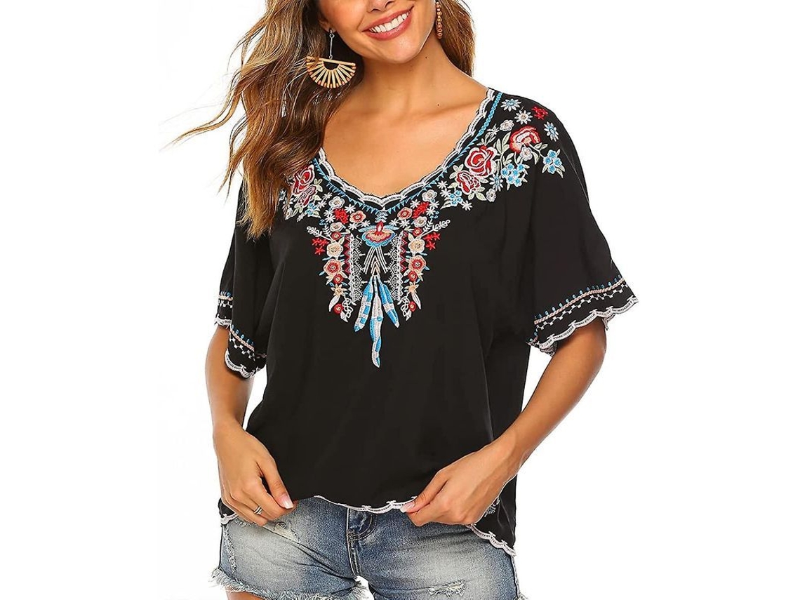 Blusa Étnica Fasst com Bordado de Penas e Flores, Boho