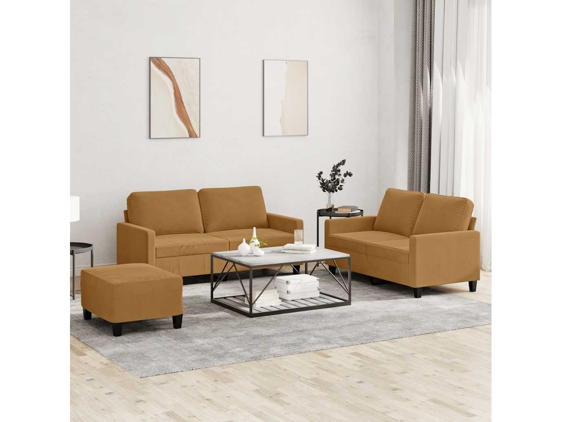 Vidaxl 3 Pcs Conjunto De Sofás Com Almofadões Veludo Castanho