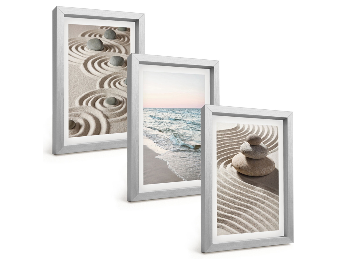 Composição De Quadros Na Paredeondas, Areia, Água, Pedras, Praia Moldura Prateada Quadros Para A Sala De Estar Espelharte (3 Peças 20x30 Cm)