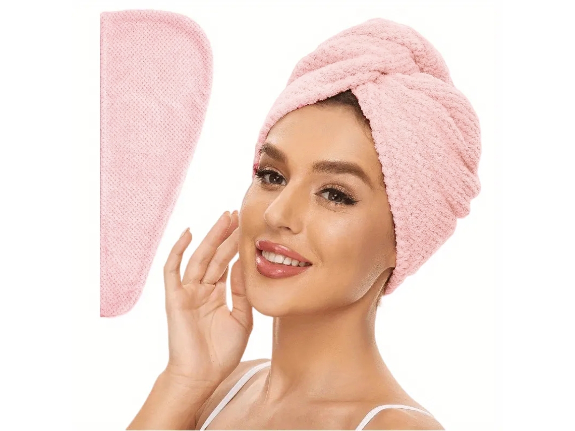 Toalha Feminina Absorvente para Secar o Cabelo com Xale de Botão. MDUG (rosa Claro, 25 Cm X 65 Cm)