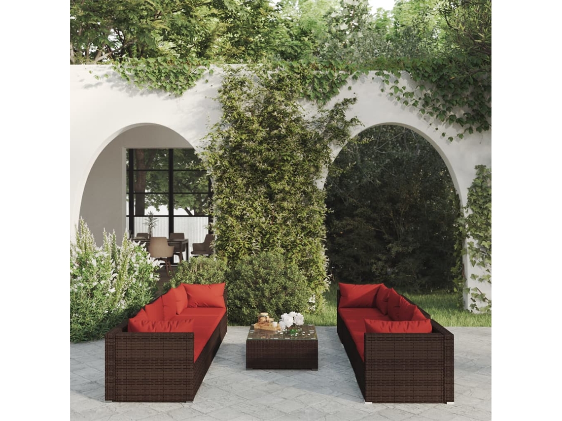 Vidaxl 9 Pcs Conjunto Lounge De Jardim C/ Almofadões Vime Pe Castanho