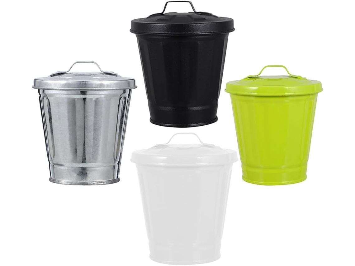 Conjunto de 4 Lixeiras Metálicas Compactas Topbathy com Tampa e Suporte para Plantas, Ideais Escritório, Quart